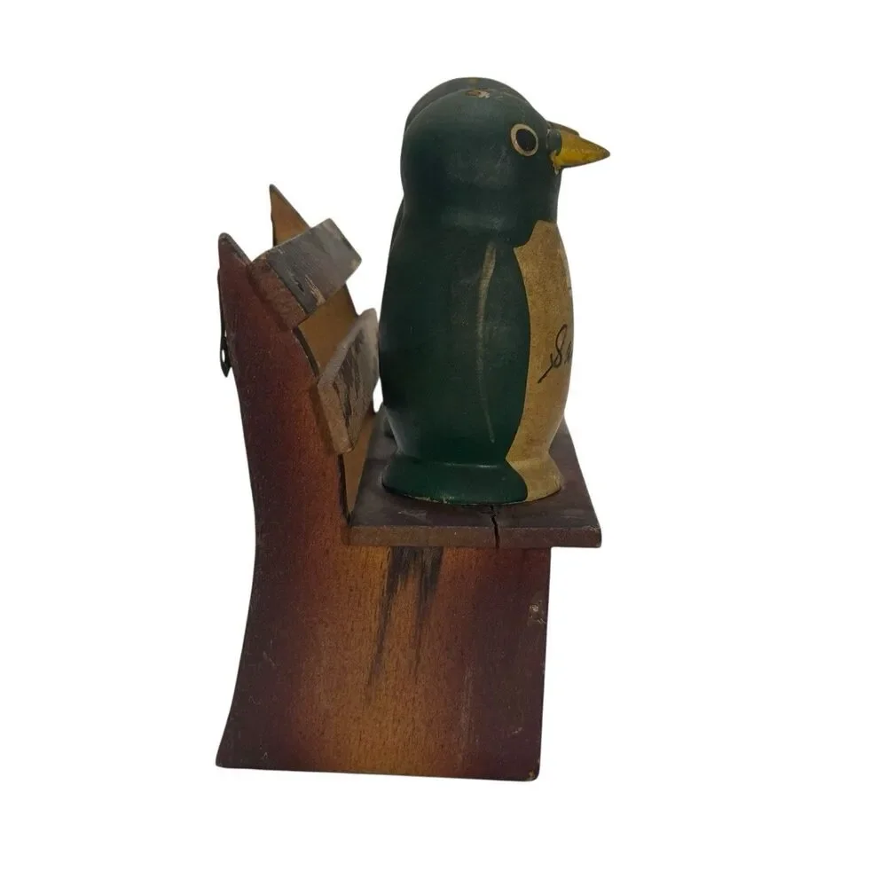 Vintage 50’s Wooden Bird Salt Pepper Shaker Set On Park Bench Japan Penguin